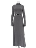 Vevesc 2024 Winter Spring Women Office Lady Solid Maxi Skirt Set Grey Outfits Bodycon Slim 2 Two Piece Matching Set Women