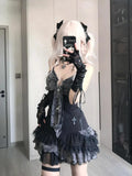 Vevesc Fashion Harajuku High Street Sexy Sling Dress Punk Japan Y2k Aesthetic Patchwork Lace Gothic Girl Clothing Tiered Slim Colithes