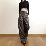 Vevesc Brown Classic  leather Retro All-match Casual High Street Fashionable Cool Confident Youth Hip-hop Women Autumn Straight Leg Pants