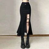 Vevesc Gothic Black Sexy Split Midi Skirts Y2K Summer Korean Slim Bandage A Line Skirts Female High Waist Streetwear All Match Skirts