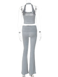 Vevesc 2024 New Fashion Streetwear Two Pieces Set Women Halter Neck Backless Tank Top and Long Pants Suit Female Tracksuits Gray Black