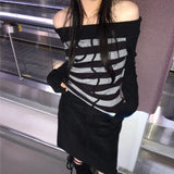 Vevesc Harajuku Punk Japan Sexy Slash Neck Long Sleeve Pullovers Fashion Y2k Aesthetic Constrast Color Striped Shirts Vintage Loose Top
