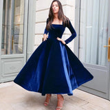 Vevesc Blue A Line Square Collar Velvet Long Sleeves Evening Dresses Customized  Simple Ball Gowns For Women