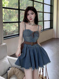 Vevesc  Vintage Elegant Denim Dresses Solid Color Folds Raw Edge Bandage Sleeveless Tank Dress Summer Female Slim Women's Clothing