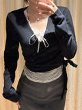 Vevesc  Navy Lace-up Knitted Long Sleeve T-shirt Cardigan Autumn V-neck Cotton Casual Smock American Vintage Wrap Tees Y2k Crop Tops