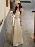 Vevesc  Elegant Lace Long Fairy Strap Dress Women Hollow Out Design Slim Korean Style Dress Female 2025 Summer Sexy Evening Party Dress