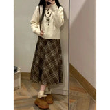 Vevesc Vintage Plaid Skirt Women Preppy Style Autumn Winter Long Skirts Retro High Waist Streetwear Casual A-line Midi Skirts