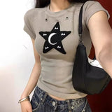 Vevesc American Moda Popular Short Sleeve Base All Match T Shirts Y2k Aesthetic Harajuku Star Design Streetwear Clothes Slim Girl Tees