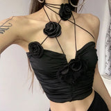 Vevesc Elegant Vintage Sexy Black Rose Halter Camisole Tops All-match Hollow Out Tank Top 2024 Summer New Slim Fit Vest for Women