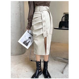 Vevesc Women's A-line Brown Pleated PU Skirt Vintage 90s Aesthetic Y2k Grey Long Skirt Harajuku Korean Skirts 2000s Clothes