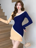 Vevesc Elegant Knitted Dress for Women Chic Single Breasted V Neck Long Sleeve Bodycon Dress Fashion Elegant Lady Streetwear