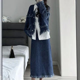 Vevesc Elegant Fashion Long Sleeve Denim Coat Women+ Y2k High Waist Mid-length Loose Skirts 2024 Early Autumn New Two Piece Sets