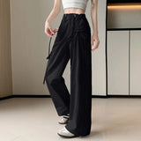 Vevesc  Design American Pantalones De Mujer Draw String Lace Up Pockets Solid Color High Waist Cargo Pants Casual Loose Clothing