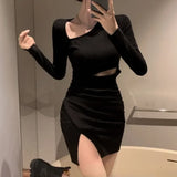 Vevesc Harajuku Street Black Bodycon Dress for Women Summer New Slim Waist Hollow Out Dresses Y2k Grunge Long Sleeve Vestidos Mujer