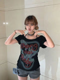Vevesc Y2k Aesthetic Harajuku Summer Commuter Tops Sexy Slash Neck Halter Design Vintage Punk Print Girl Shirts All Match Casual Tees