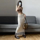 Vevesc Apricot Embroidery Pattern Sexy All-Match Self-Cultivation Mature Feminine Simple Women'S Long Tassel Skirt