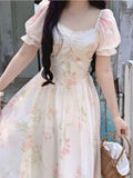 Vevesc Summer Floral Print Dress Women Puff Sleeve Sweet Princess Party Dress Female Ruffled Korean Fashion Long Elegant Dress New