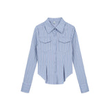 Vevesc Women Blue Stripe Slim Pleated Blouses Autumn Elegant Long Sleeve Casual Office Work Shirt Female Vintage Y2k Top Clothing Trend