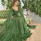 Vevesc Elegant Green Chiffon Deep V-Neck Dubai Arab Evening Dress A-line Shawl Sleeves Formal Occasion Prom Dresses 2024 For Women