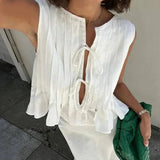 Vevesc  Linen Cotton Pleated Lace Up Sleeveless Short Shirt Blouse Women Slim Waist Crop Top Female Pleated Shirts New White