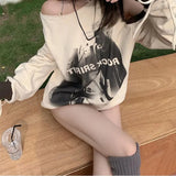 Vevesc Y2K Off Shoulder Hoodies Women Streetwear Oversized Print Sweatshirt Vintage Hollow Out Bandage Drawstring Pullovers Tops