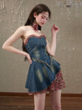 Vevesc Summer Vintage Denim Dress Women Casual Patchwork Floral Party Mini Dress Female Korean Fashion Designer elegant Slim Dress
