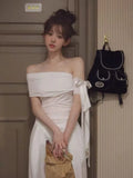Vevesc  Asymmetrical Off Shoulder Bow Lace Up T-shirt Women Summer Sexy Folds Slim Fit Y2k Tops Fashion Spicy Girls Party Tees