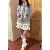 Vevesc Korean Sweet V-neck Lazy Knitted Pullover Autumn New Gray Tops Women Y2k Grunge Long Sleeve Loose Sweaters Mujer