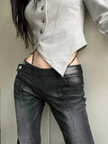 Vevesc American Street Low-waisted Flare Pants Black Gray Gradient Denim Trousers Y2k Vintage Washed Straight Wide Leg