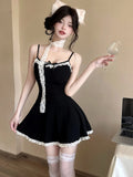 Vevesc  Black Patchwork Lace Bow Sling Sexy Mini Dresss Women Elegant Casual Y2k Dress Summer Korean Fashion Bodycon Evening Dress