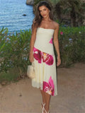 Vevesc  Fashion Printed Bandeau Long Dress Women Holiday Casual Bandage Contrast High Waist Party Dress Female Y2k Bodycon Dress
