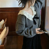 Vevesc Korean Style Sweaters Women Kawaii Sweet Elegant Knited Pullovers Grey Bow Vintage Patchwork Autumn Winter Sweaters