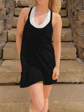 Vevesc  Black Solid Two Layers Wide Leg Rompers Womens Summer Vacation Casual Loose Sleeveless Dress Playsuits
