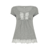 Vevesc  Cute Lace Trim Slim Simple T-Shirts Summer Sweet Basic All-Match Fashion Trendy Japanese Women’s Clothes