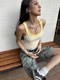 Vevesc American Vintage Mesh Lace White Camisole+ Y2k Sexy Slim Fit Yellow Knitted Vest for Women Summer New Two Piece Sets