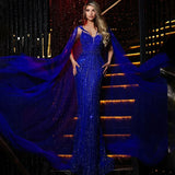 Vevesc Arabic blue Mermaid Elegant Cape Sleeves Luxury Evening Dresses Gowns 2024 Beaded For Women Wedding Party