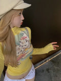 Vevesc Sweet Sexy Kawaii Cat Print Camisetas Half High Collar Women Vintage Short Tshirts Y2k Slim Waist Crop Tops Skinny Yellow Tees