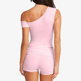 Vevesc Chic Ladies Fashion Short Sleeve One Shoulder T-shirt + Folds Waist Shorts Women 2 Piece Slim Fit Crop Tops Coquette Outfits