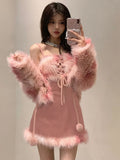 Vevesc Y2k Aesthetic Two Pieces Set Contrast Color Grunge Fur Cropped Pink Jacket + Vintage Slim Waist Tunic Sexy Bandage Mini Skirts