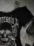 Vevesc Vintage Patchwork Leopard  Y2k Aesthetic Tops Gothic Skull Print Slim T-shirt Women Harajuku Irregular Streetwear Shirts Femme