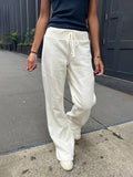 Vevesc  Drawstring Raw Hem White Straight Long Pants Sweet Cute High Waist Raw Hem Trousers Summer Casual Sport Sweatpant Chic