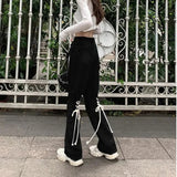 Vevesc Y2K Flare Jeans Women Streetwear Bandage Wide Leg Denim Pants Harajuku Korean High Waist Lace Up Loose Casual Trousers