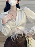 Vevesc Autumn White Sexy Designer Blouse Women Puff Sleeve Korean Fashion Tops Female V-neck Long Sleeve Elegant Vintage Blouse