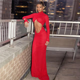 Vevesc Sexy Cut Out Backless Red Party Dress Women Elegant Luxury Turtleneck Long Sleeve Maxi Dresses Evening Gown