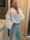 Vevesc Ruffle Loose Women Shirts 2024 Cotton Long Sleeve Elegant White Tshirt Ladies Street Casual Holiday Baggy Cover Up Female