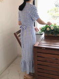 Vevesc  Korean Chic Dress O Neck Puff Sleeve Plaid Lace Hook Flower Ruffles Patchwork Long Dresses Summer Female Slim Women's Clothing