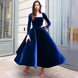 Vevesc Blue A Line Square Collar Velvet Long Sleeves Evening Dresses Customized  Simple Ball Gowns For Women