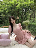 Vevesc Pink Mini Dress Women Sweet One Piece Dress Korean Fashion Sexy High Waist Lolita Dresses Slim Party Club Dress Summer Clothes