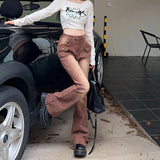 Vevesc Flared Jeans Women High Waist Straight Baggy Brown Pants Vintage 90s Streetwear Y2k Cargo Pants Fashion Wide Leg Denim Trousers