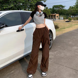 Vevesc Y2K Brown Drawstring Cargo Pants Women Vintage Hip Hop Streetwear Baggy Pocket Wide Leg Trousers Summer Casual Straight Pants